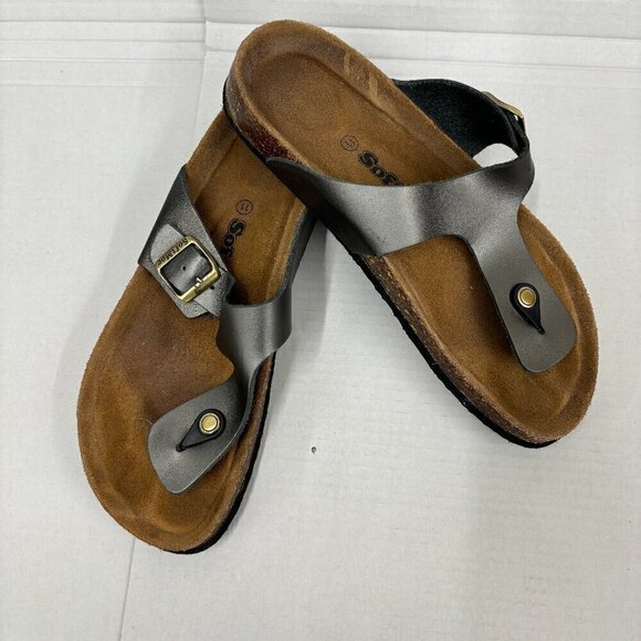 SoftMoc Flat Slip on Padded Footbed Pewter Leather Thong Sandal  Buckle Size 11 - Picture 1 of 14
